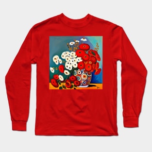 Cute Abstract Flowers in a Red and White Vase Still Life Painting Long Sleeve T-Shirt